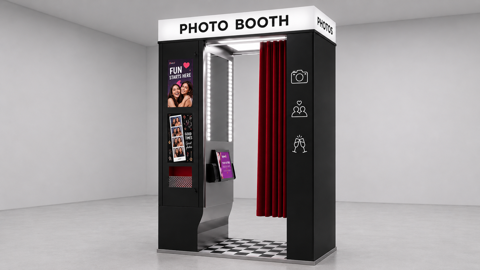 Speed Photo standard leisure photo booth — black sides, white PHOTO BOOTH lightbox, red curtain and side fun-photo display.